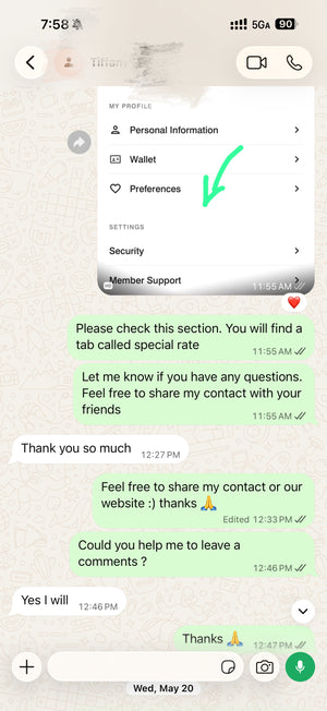 Mobile chat interface showing messages about special rates and contact sharing.