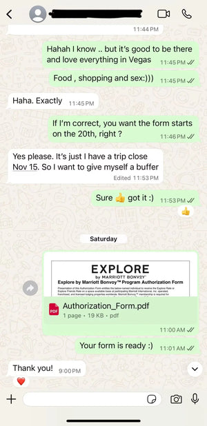 Chat screenshot discussing a trip to Las Vegas and a Marriott Bonvoy program authorization form.