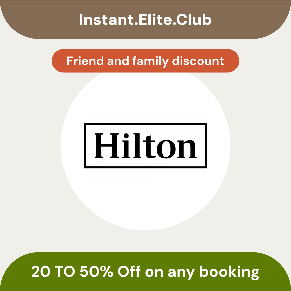 Hilton, Hilton Friends and family rate, Hilton discount, 50% Off, Valid 1 year