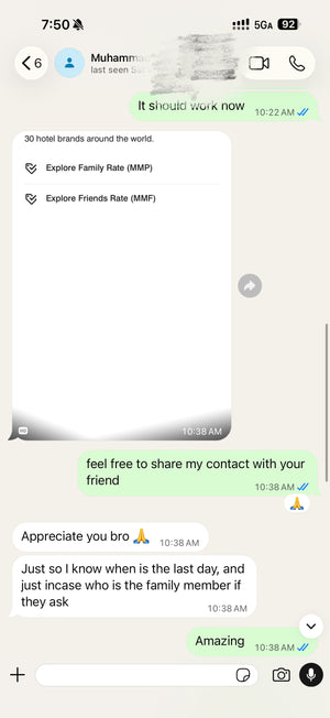 Mobile chat screenshot showing text about exploring hotel family and friends rates.
