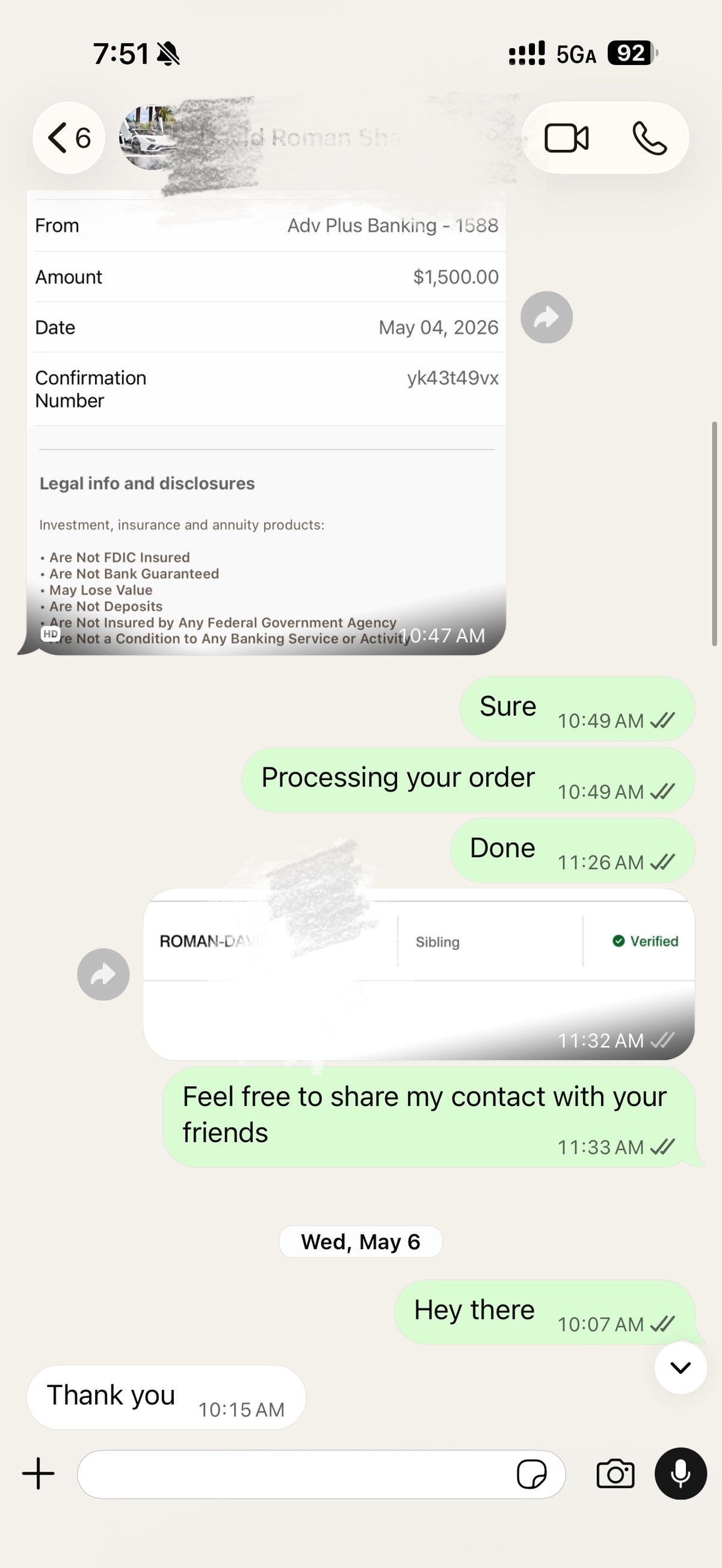 Screenshot of a mobile chat conversation showing a transaction confirmation and messages.