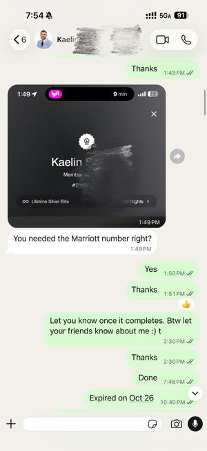 Screenshot of a chat conversation discussing a Marriott loyalty number update.