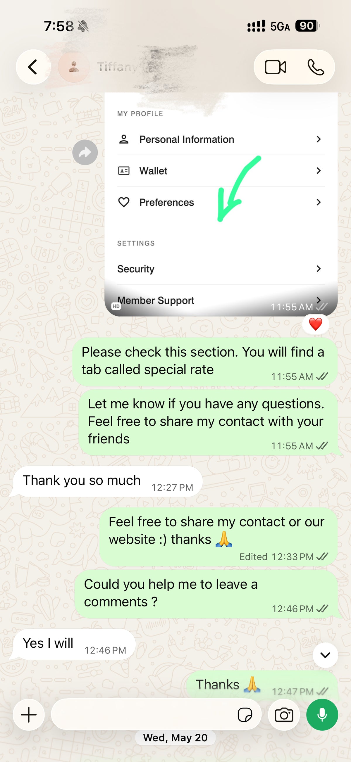 Mobile chat interface showing messages about special rates and contact sharing.