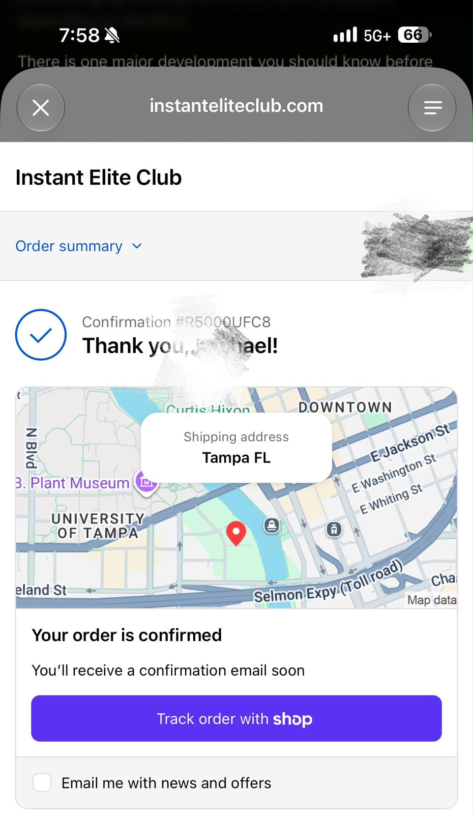 Order confirmation screen for Instant Elite Club showing a thank you message and shipping address in Tampa, FL.