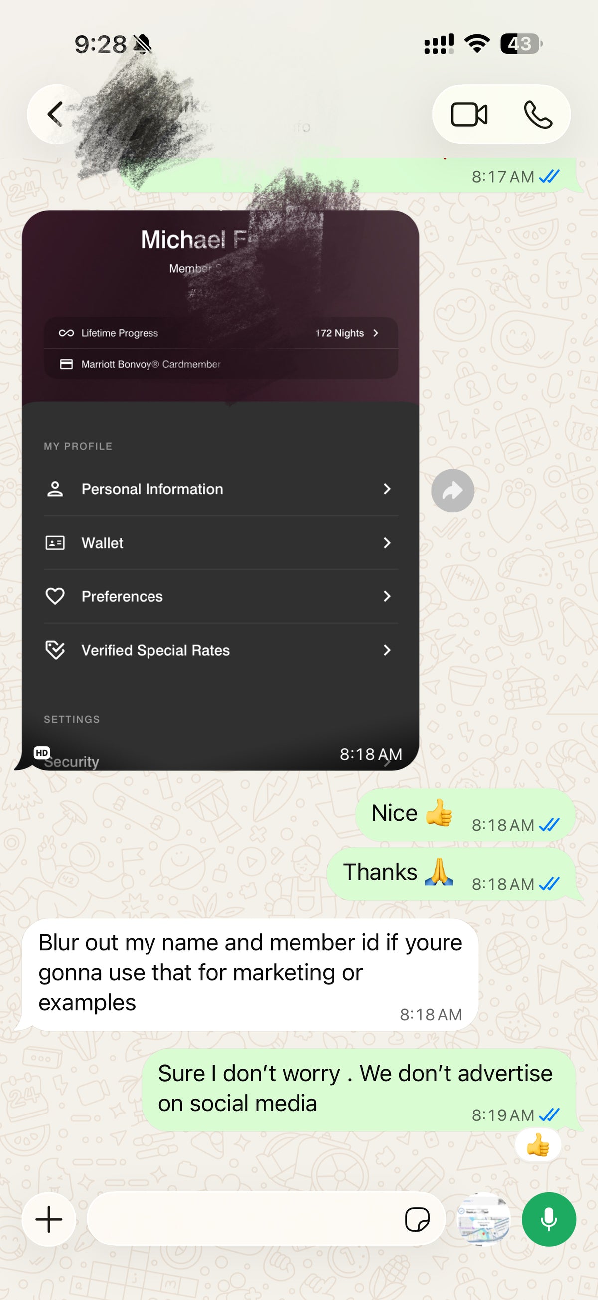 Screenshot of a mobile app showing hotel loyalty program membership details and user profile.
